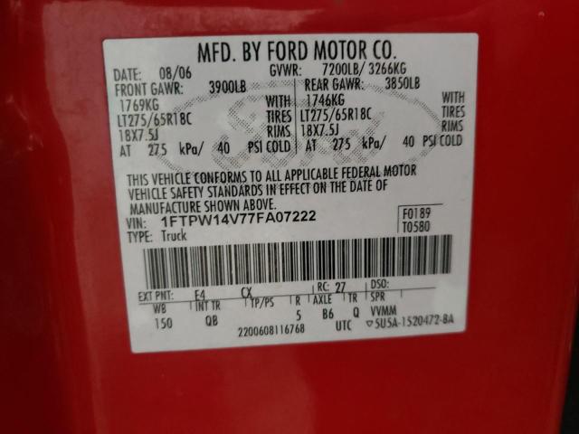 Photo 10 from auction – 2007 FORD F150 SUPER with VIN 1FTPW14V77FA07222