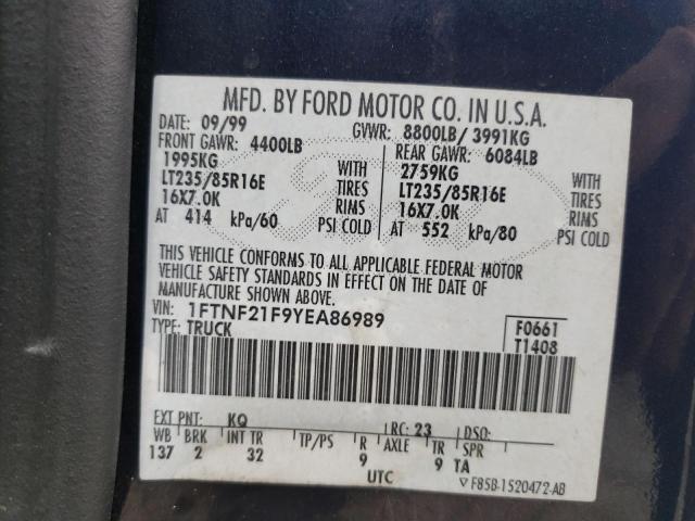 Photo 10 from auction – 2000 FORD F250 SUPER with VIN 1FTNF21F9YEA86989