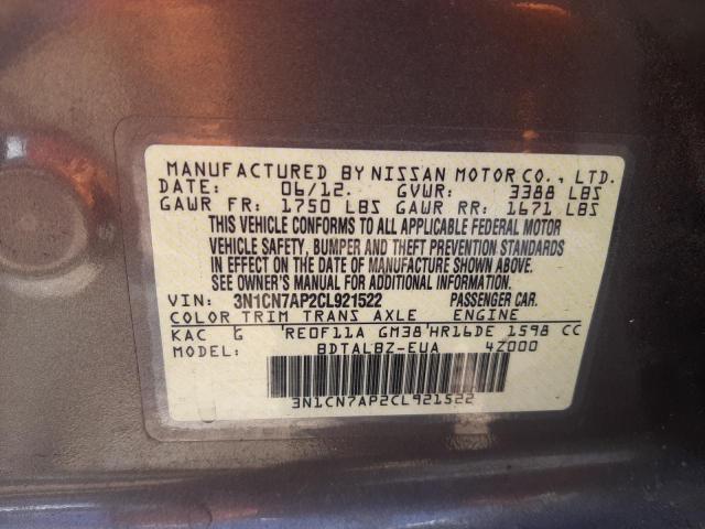 Photo 10 from auction – 2012 NISSAN VERSA S with VIN 3N1CN7AP2CL921522