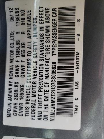 Photo 10 from auction – 2012 HONDA INSIGHT with VIN JHMZE2H37CS005920