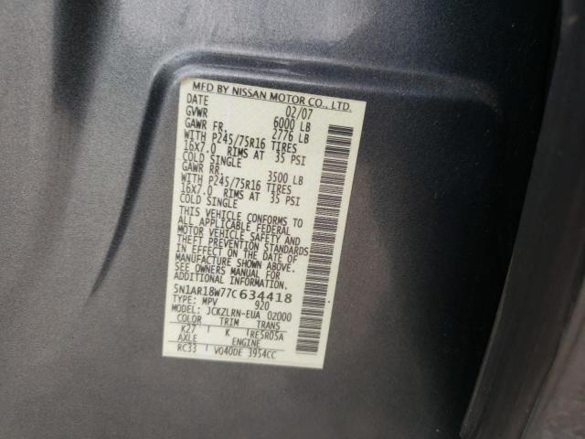 Photo 10 from auction – 2007 NISSAN PATHFINDER with VIN 5N1AR18W77C634418