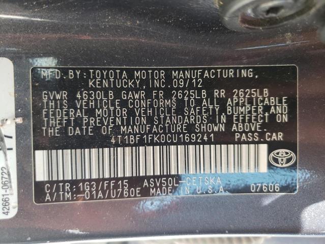 Photo 10 from auction – 2012 TOYOTA CAMRY BASE with VIN 4T1BF1FK0CU169241