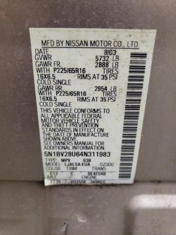 Photo 10 from auction – 2004 NISSAN QUEST S with VIN 5N1BV28U64N311983