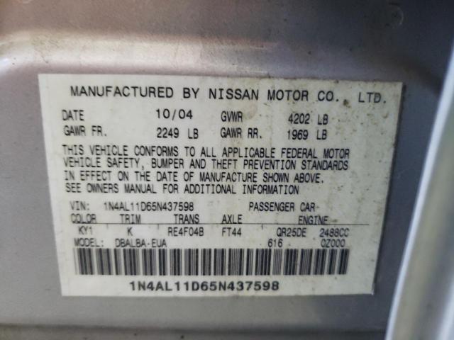 Photo 10 from auction – 2005 NISSAN ALTIMA S with VIN 1N4AL11D65N437598