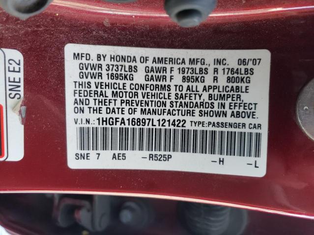 Photo 10 from auction – 2007 HONDA CIVIC EX with VIN 1HGFA16897L121422