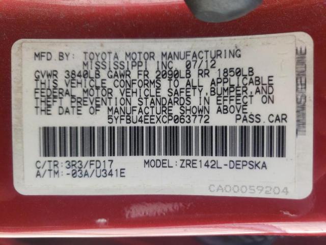 Photo 10 from auction – 2012 TOYOTA COROLLA BA with VIN 5YFBU4EEXCP063772