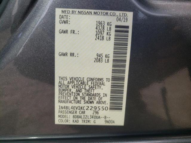 Photo 10 from auction – 2019 NISSAN ALTIMA SL with VIN 1N4BL4EV1KC229550