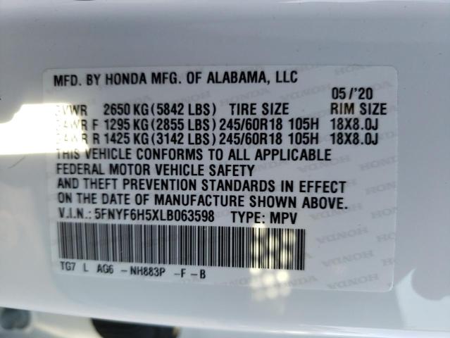 Photo 10 from auction – 2020 HONDA PILOT EXL with VIN 5FNYF6H5XLB063598