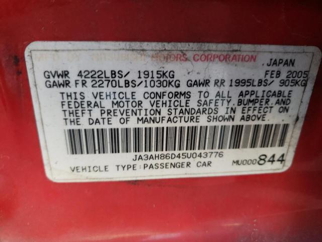 Photo 10 from auction – 2005 MITSUBISHI LANCER EVO with VIN JA3AH86D45U043776