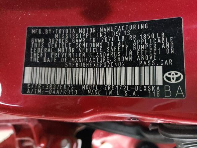 Photo 10 from auction – 2014 TOYOTA COROLLA L with VIN 5YFBURHEXEP020402