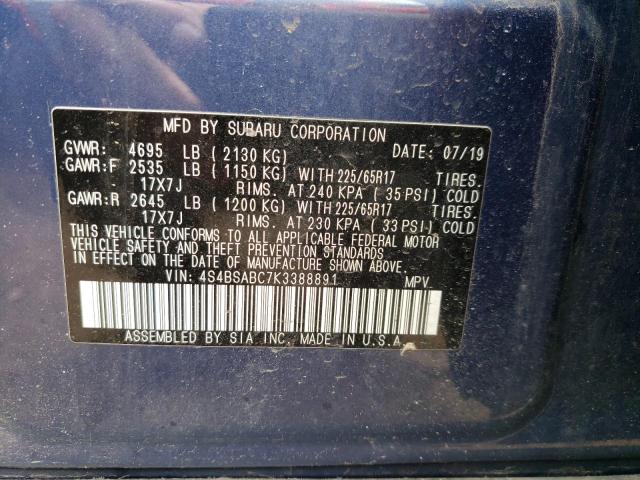 Photo 10 from auction – 2019 SUBARU OUTBACK 2. with VIN 4S4BSABC7K3388891