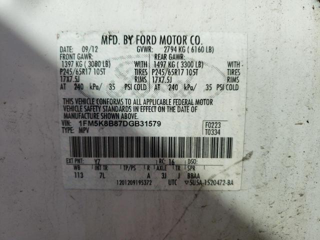 Photo 10 from auction – 2013 FORD EXPLORER with VIN 1FM5K8B87DGB31579