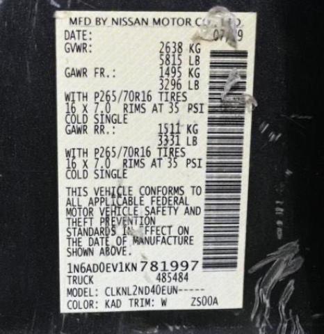 Photo 10 from auction – 2019 NISSAN FRONTIER S with VIN 1N6AD0EV1KN781997
