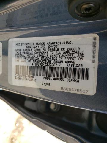 Photo 10 from auction – 2003 TOYOTA CAMRY LE with VIN 4T1BE32K03U722717
