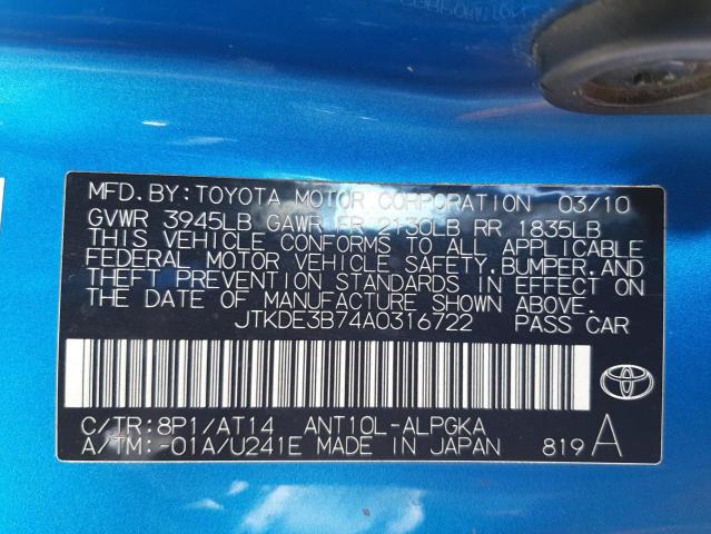Photo 10 from auction – 2010 TOYOTA SCION TC with VIN JTKDE3B74A0316722