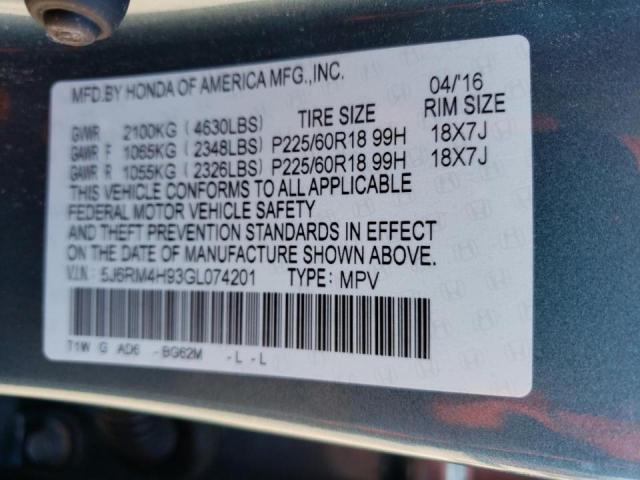 Photo 10 from auction – 2016 HONDA CR-V TOURI with VIN 5J6RM4H93GL074201