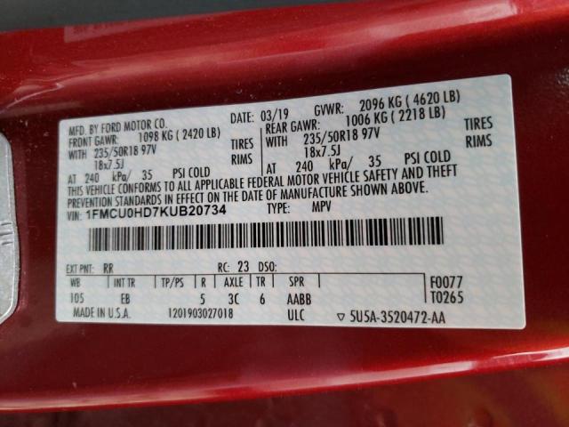 Photo 10 from auction – 2019 FORD ESCAPE SEL with VIN 1FMCU0HD7KUB20734