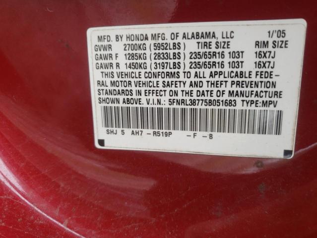Photo 10 from auction – 2005 HONDA ODYSSEY EX with VIN 5FNRL38775B051683