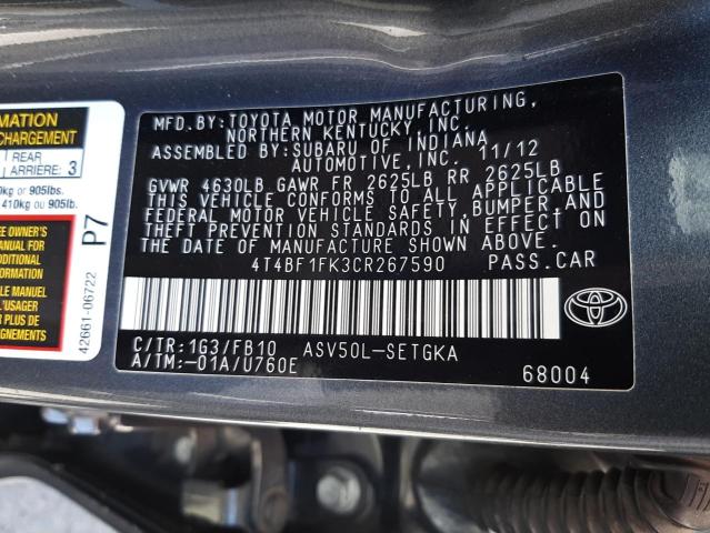 Photo 10 from auction – 2012 TOYOTA CAMRY BASE with VIN 4T4BF1FK3CR267590