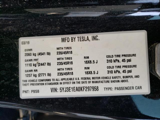 Photo 10 from auction – 2019 TESLA MODEL 3 with VIN 5YJ3E1EA0KF297958
