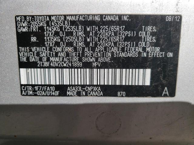 Photo 10 from auction – 2012 TOYOTA RAV4 with VIN 2T3BF4DV2CW241899