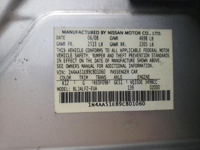 Photo 10 from auction – 2009 NISSAN MAXIMA S with VIN 1N4AA51E89C801060