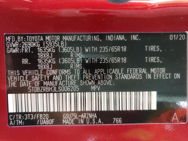 Photo 10 from auction – 2020 TOYOTA HIGHLANDER with VIN 5TDBZRBH3LS006205