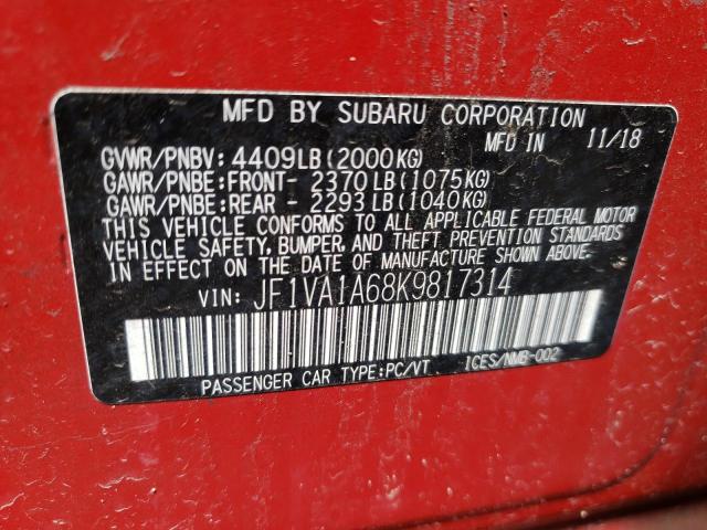 Photo 10 from auction – 2019 SUBARU WRX with VIN JF1VA1A68K9817314
