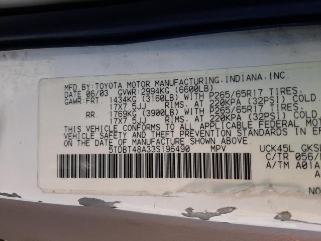 Photo 10 from auction – 2003 TOYOTA SEQUOIA LI with VIN 5TDBT48A33S196490