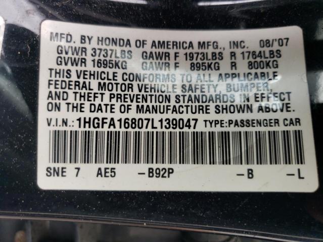 Photo 10 from auction – 2007 HONDA CIVIC EX with VIN 1HGFA16807L139047