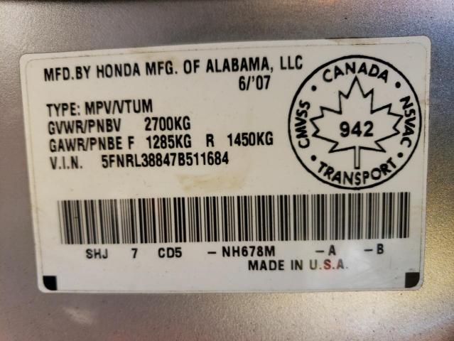 Photo 10 from auction – 2007 HONDA ODYSSEY TO with VIN 5FNRL38847B511684