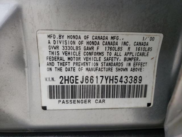 Photo 10 from auction – 2000 HONDA CIVIC BASE with VIN 2HGEJ6617YH543389