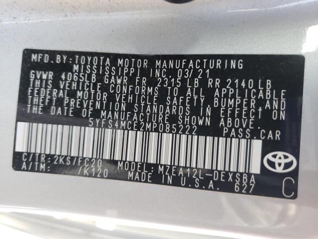 Photo 10 from auction – 2021 TOYOTA COROLLA SE with VIN 5YFS4MCE2MP085222