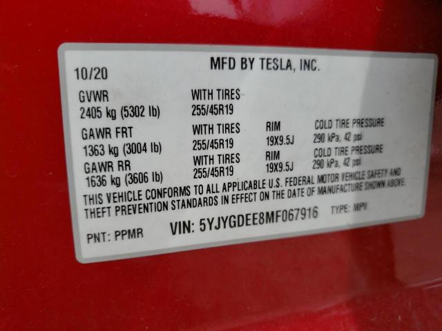 Photo 10 from auction – 2021 TESLA MODEL Y with VIN 5YJYGDEE8MF067916