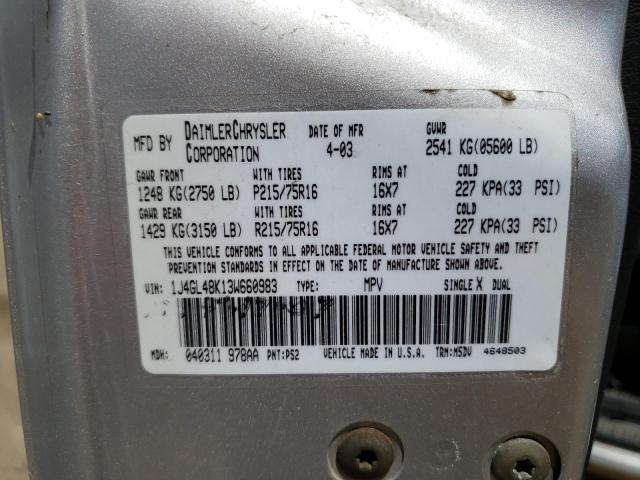 Photo 10 from auction – 2003 JEEP LIBERTY SP with VIN 1J4GL48K13W660983