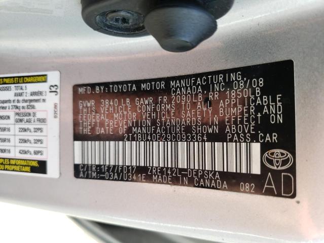Photo 10 from auction – 2009 TOYOTA COROLLA BA with VIN 2T1BU40E29C093364