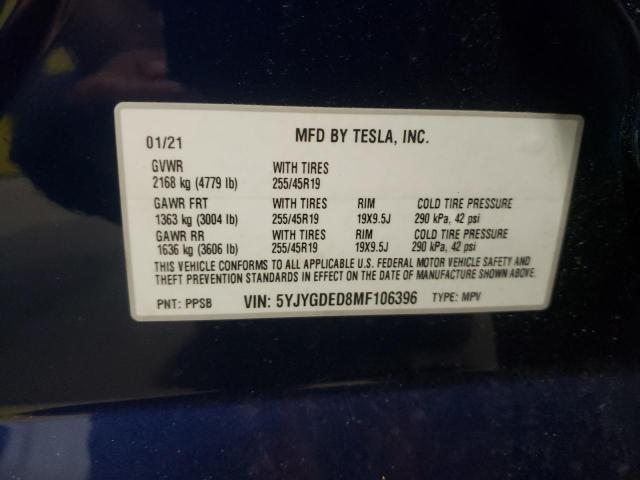 Photo 10 from auction – 2021 TESLA MODEL Y with VIN 5YJYGDED8MF106396