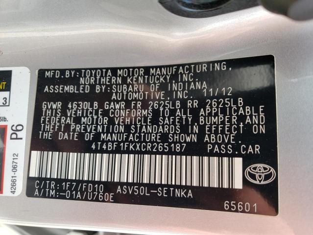 Photo 10 from auction – 2012 TOYOTA CAMRY BASE with VIN 4T4BF1FKXCR265187