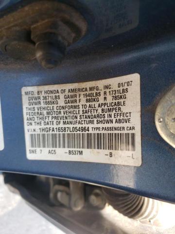Photo 10 from auction – 2007 HONDA CIVIC LX with VIN 1HGFA16587L054964