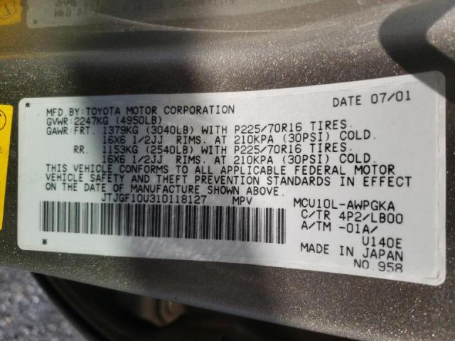 Photo 10 from auction – 2001 LEXUS RX 350 with VIN JTJGF10U310118127