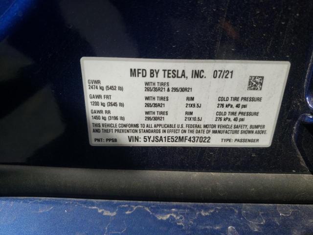 Photo 10 from auction – 2021 TESLA MODEL S with VIN 5YJSA1E52MF437022