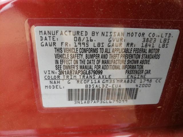 Photo 10 from auction – 2016 NISSAN SENTRA S with VIN 3N1AB7AP3GL679099