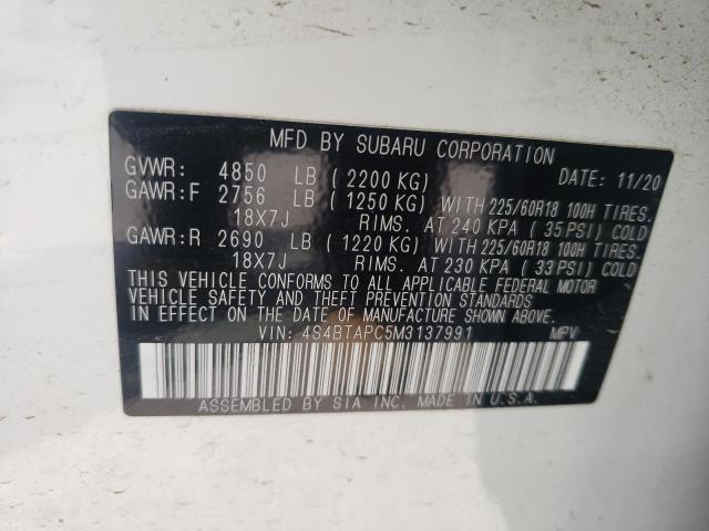 Photo 10 from auction – 2021 SUBARU OUTBACK TO with VIN 4S4BTAPC5M3137991