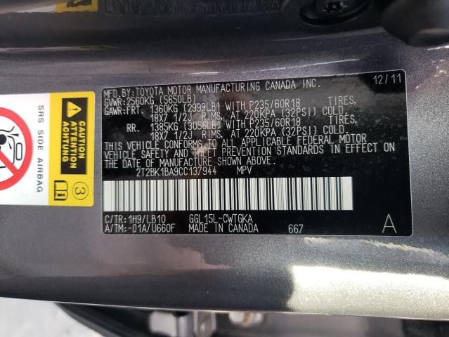 Photo 10 from auction – 2012 LEXUS RX 350 with VIN 2T2BK1BA9CC137944