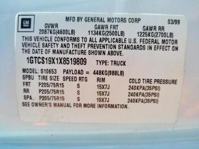 Photo 10 from auction – 1999 GMC SONOMA with VIN 1GTCS19X1X8519809