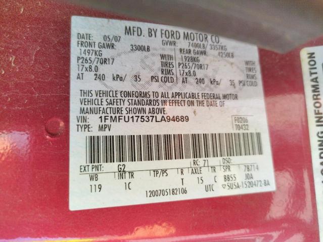 Photo 10 from auction – 2007 FORD EXPEDITION with VIN 1FMFU17537LA94689