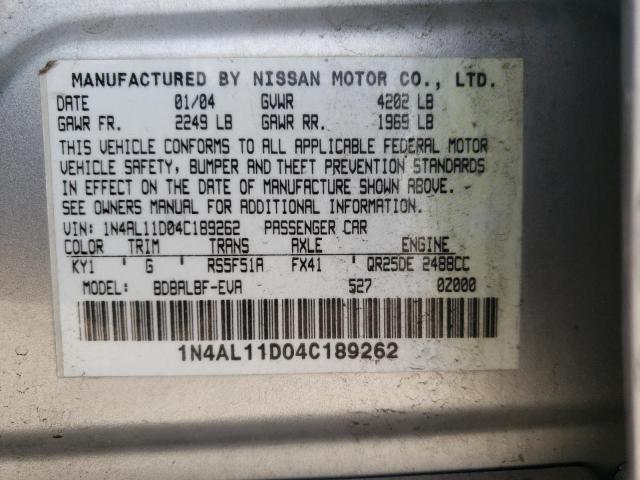 Photo 10 from auction – 2004 NISSAN ALTIMA with VIN 1N4AL11D04C189262
