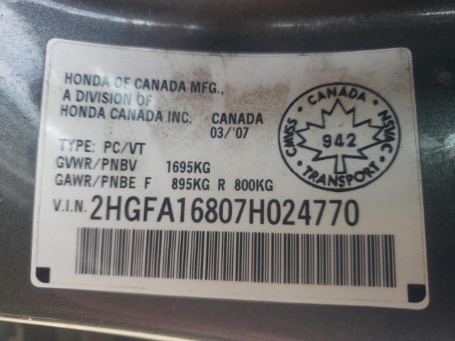 Photo 10 from auction – 2007 HONDA CIVIC EX with VIN 2HGFA16807H024770