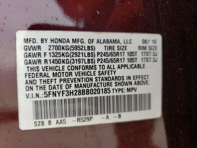 Photo 10 from auction – 2011 HONDA PILOT LX with VIN 5FNYF3H28BB020185