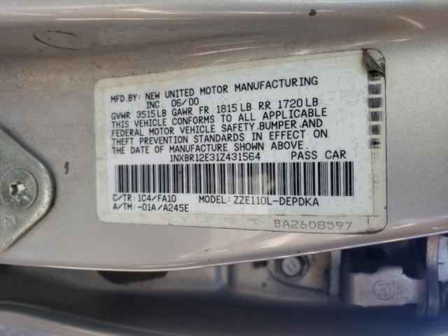 Photo 10 from auction – 2001 TOYOTA COROLLA CE with VIN 1NXBR12E31Z431564